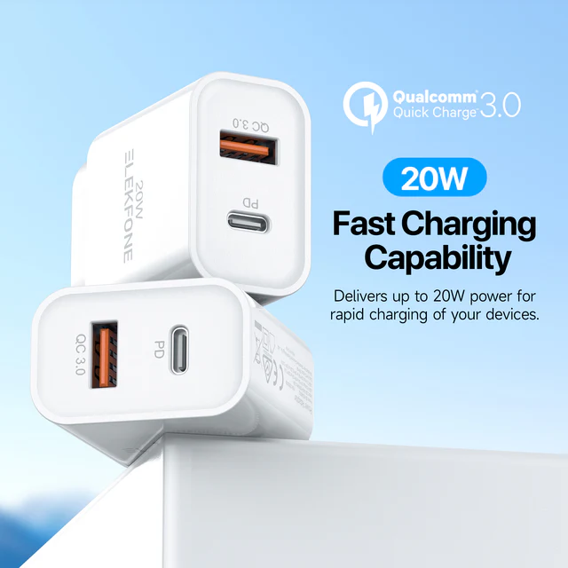 ELEKFONE Fast Wall Charger 20W Dual Port USB-A and Type-C