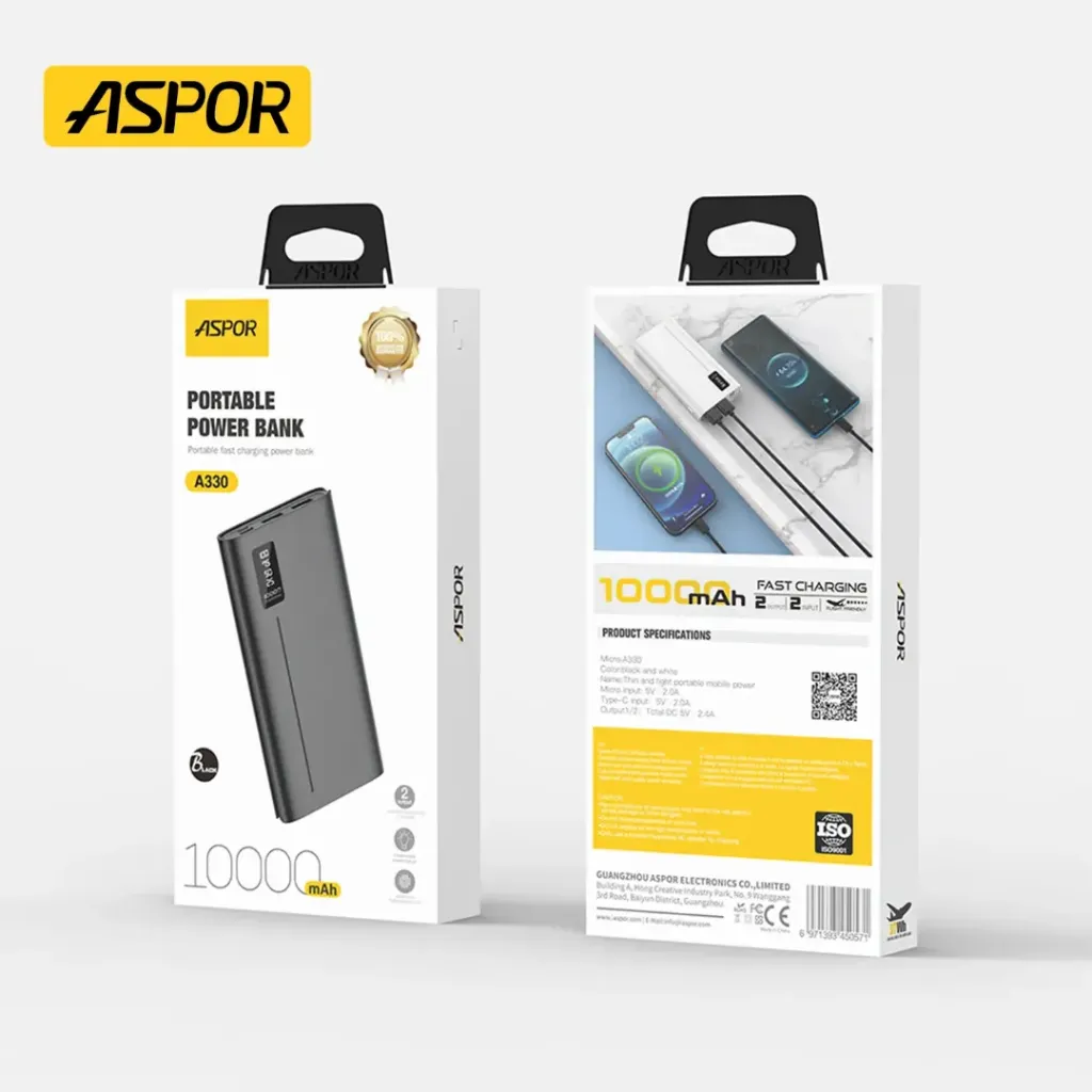 Aspor A330 LED digital display Power BankOriginal 10000mAh Capacity