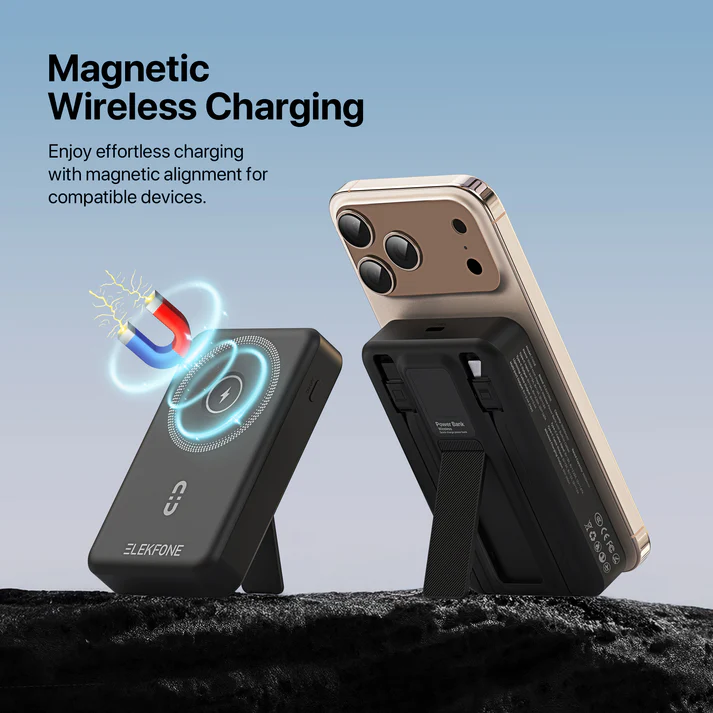 ELEKFONE Magnetic Wireless Power Bank with Built-in Cables and Kickstand - CW08